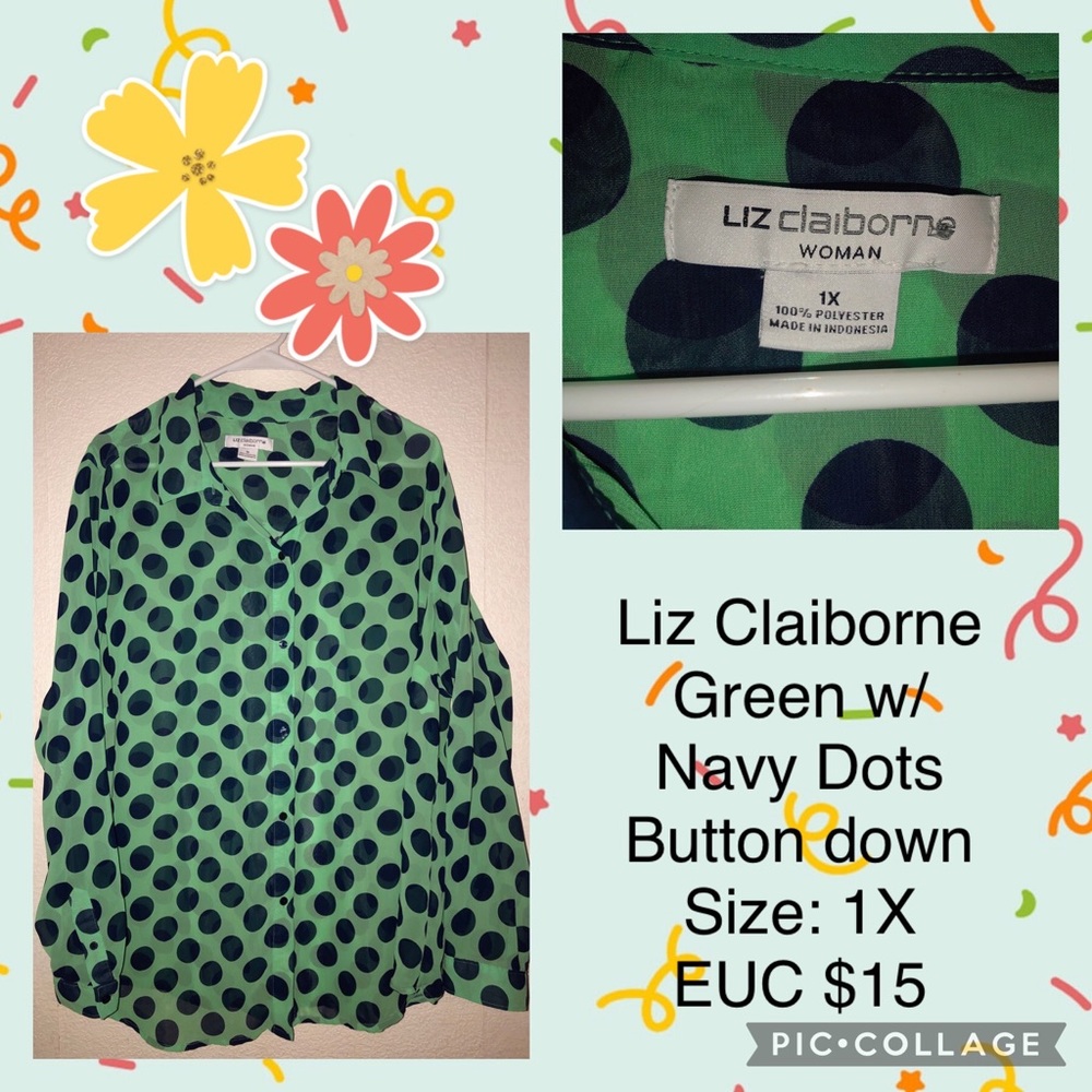 Liz Claiborne Women’s Blouse- green w/ navy dots, 1X EUC